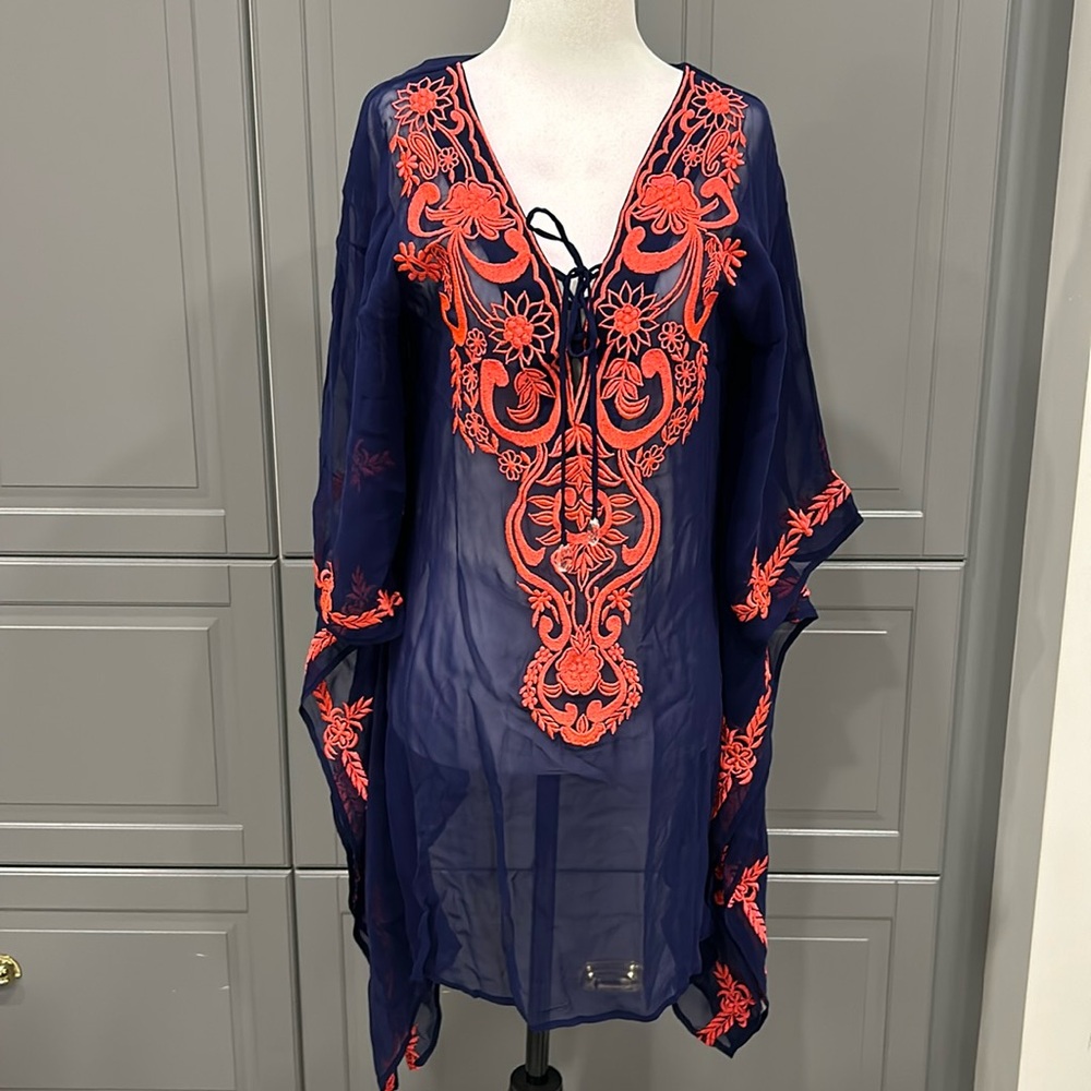 Beach Cover Up Mid-Length Kaftan with coral embroidery